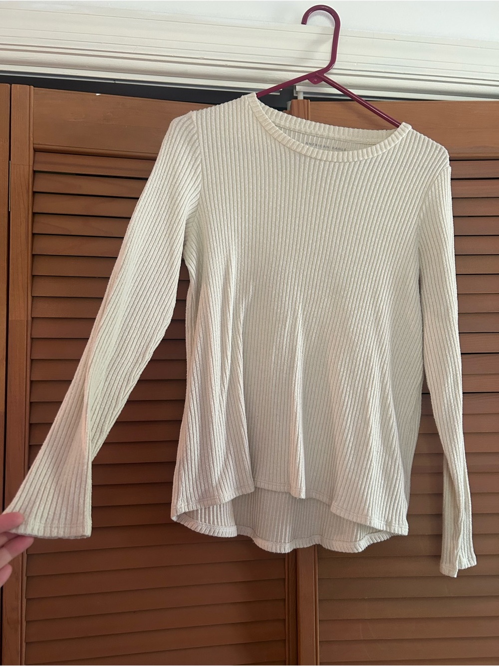 American Eagle - Cream Ribbed Long-Sleeve Women's Top